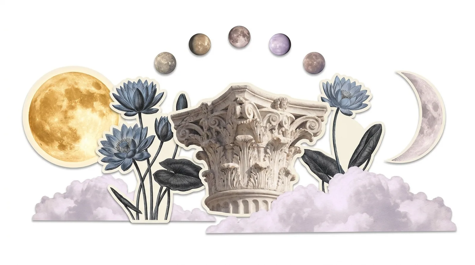 Surrealist collage: photorealistic sun and moon, marble column, engraved lotus flowers and lilac clouds