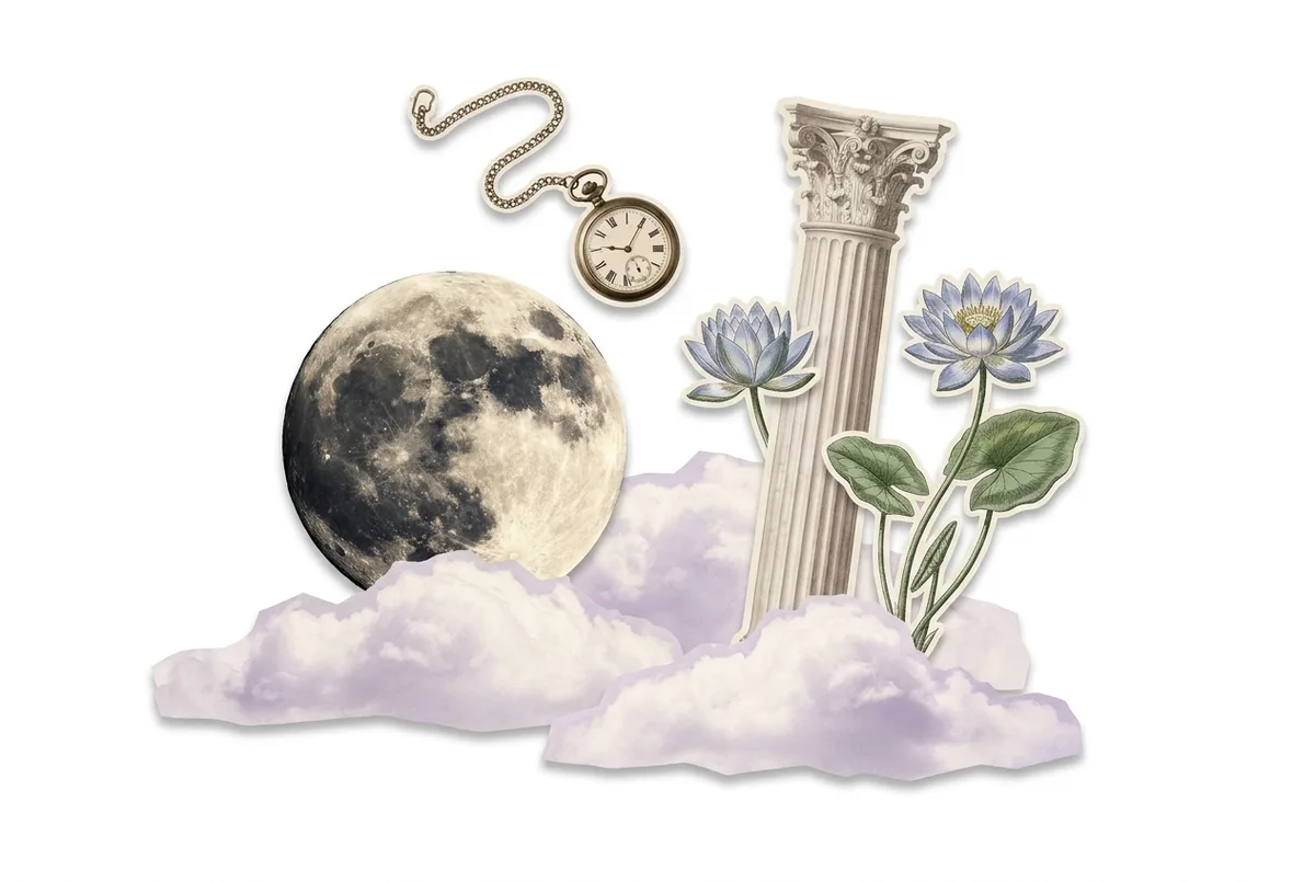 Surrealist collage: moon over lilac clouds, classical column, engraved lotus flowers and a pocket watch marking the moment of a question